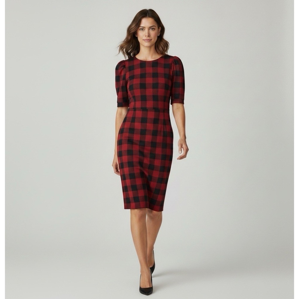 Calvin Klein Sheath Dress Size 4 SS Knee Length Back Zip Red Plaid Stretch New